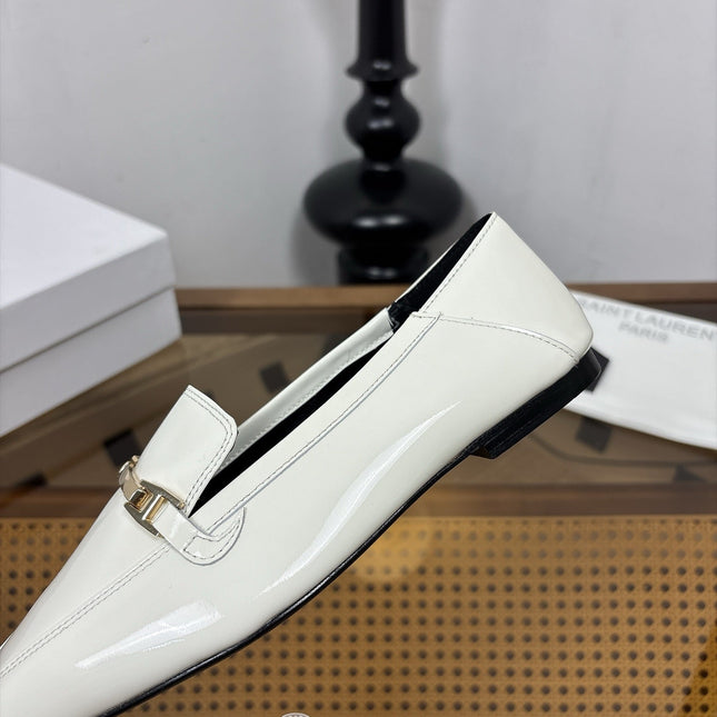 YSL 26S SQUARE-TOE LOAFERS IN WHITE GLOSSY CALFSKIN WITH METAL BAR
