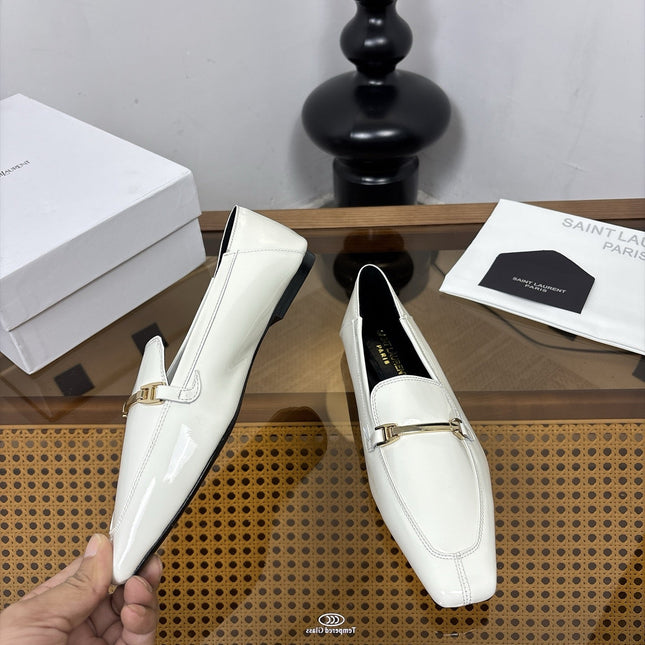 YSL 26S SQUARE-TOE LOAFERS IN WHITE GLOSSY CALFSKIN WITH METAL BAR