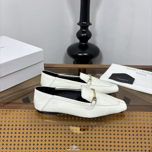 YSL 26S SQUARE-TOE LOAFERS IN WHITE GLOSSY CALFSKIN WITH METAL BAR