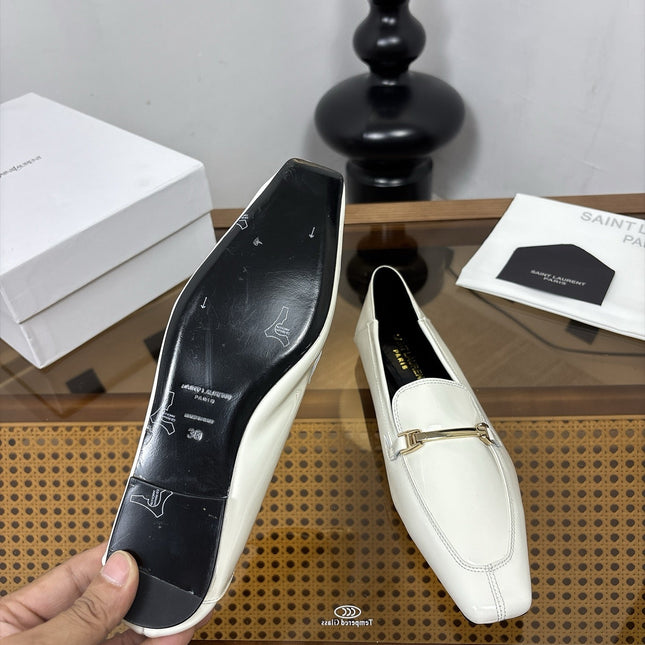 YSL 26S SQUARE-TOE LOAFERS IN WHITE GLOSSY CALFSKIN WITH METAL BAR