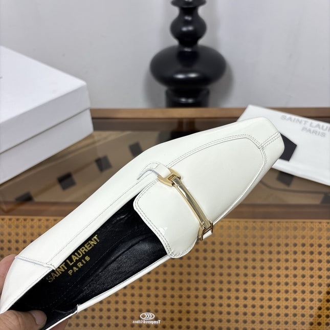 YSL 26S SQUARE-TOE LOAFERS IN WHITE GLOSSY CALFSKIN WITH METAL BAR