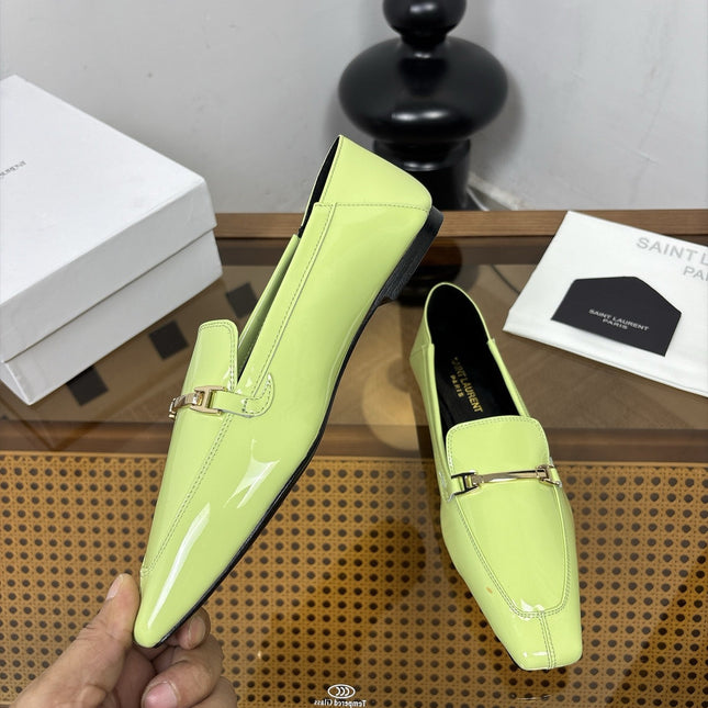 YSL 26S SQUARE-TOE LOAFERS IN PASTEL GREEN GLOSSY CALFSKIN WITH METAL BAR