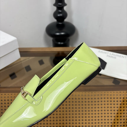 YSL 26S SQUARE-TOE LOAFERS IN PASTEL GREEN GLOSSY CALFSKIN WITH METAL BAR