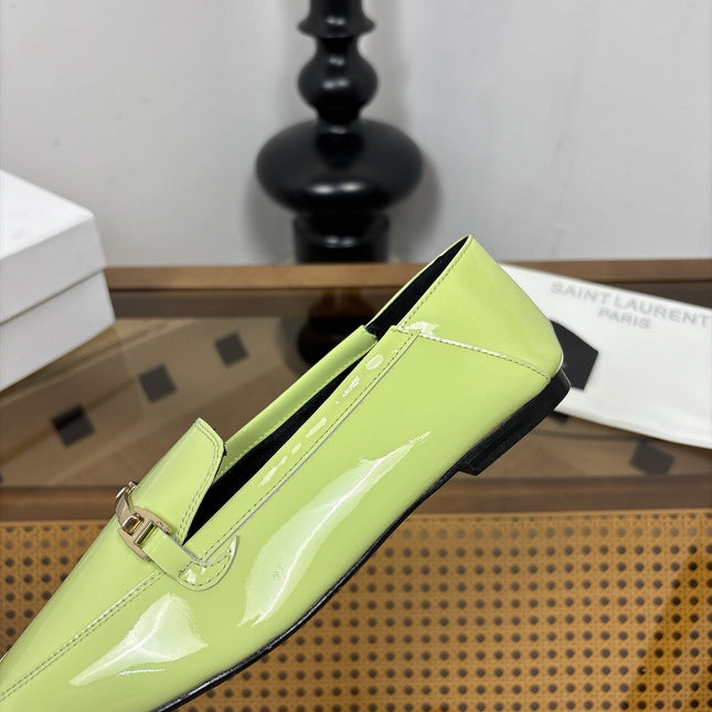 YSL 26S SQUARE-TOE LOAFERS IN PASTEL GREEN GLOSSY CALFSKIN WITH METAL BAR