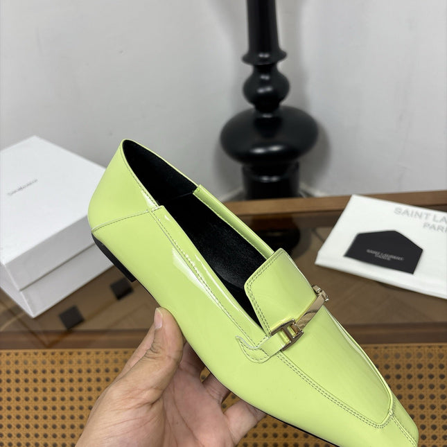 YSL 26S SQUARE-TOE LOAFERS IN PASTEL GREEN GLOSSY CALFSKIN WITH METAL BAR
