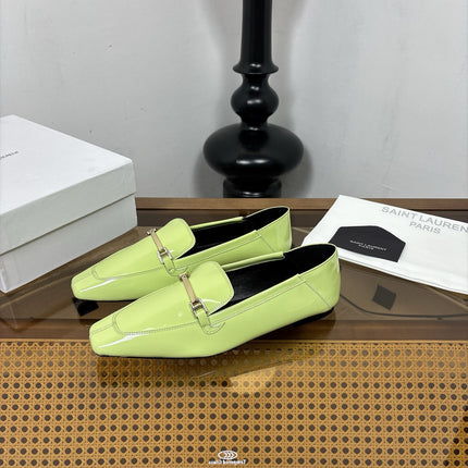YSL 26S SQUARE-TOE LOAFERS IN PASTEL GREEN GLOSSY CALFSKIN WITH METAL BAR