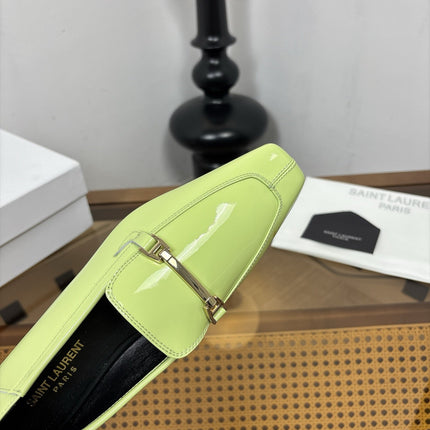 YSL 26S SQUARE-TOE LOAFERS IN PASTEL GREEN GLOSSY CALFSKIN WITH METAL BAR