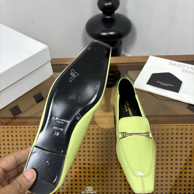 YSL 26S SQUARE-TOE LOAFERS IN PASTEL GREEN GLOSSY CALFSKIN WITH METAL BAR