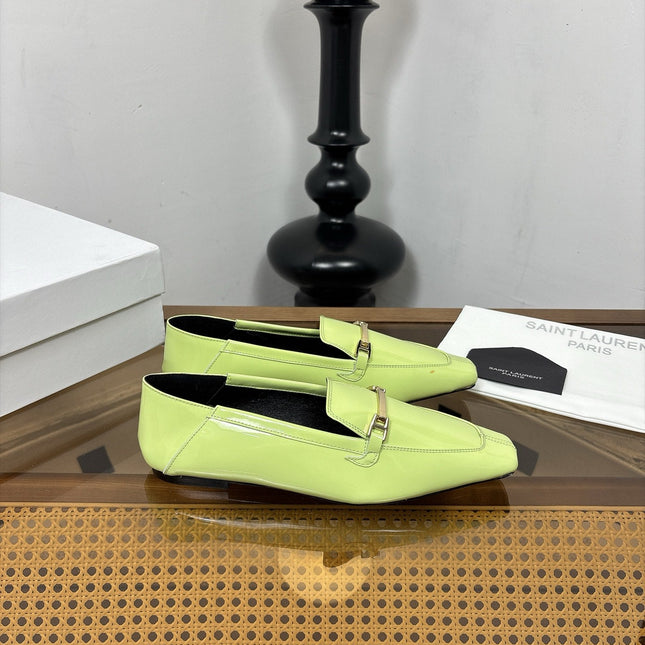 YSL 26S SQUARE-TOE LOAFERS IN PASTEL GREEN GLOSSY CALFSKIN WITH METAL BAR