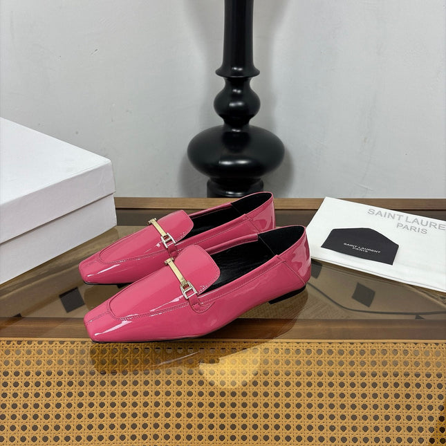 YSL 26S SQUARE-TOE LOAFERS IN PINK GLOSSY CALFSKIN WITH METAL BAR