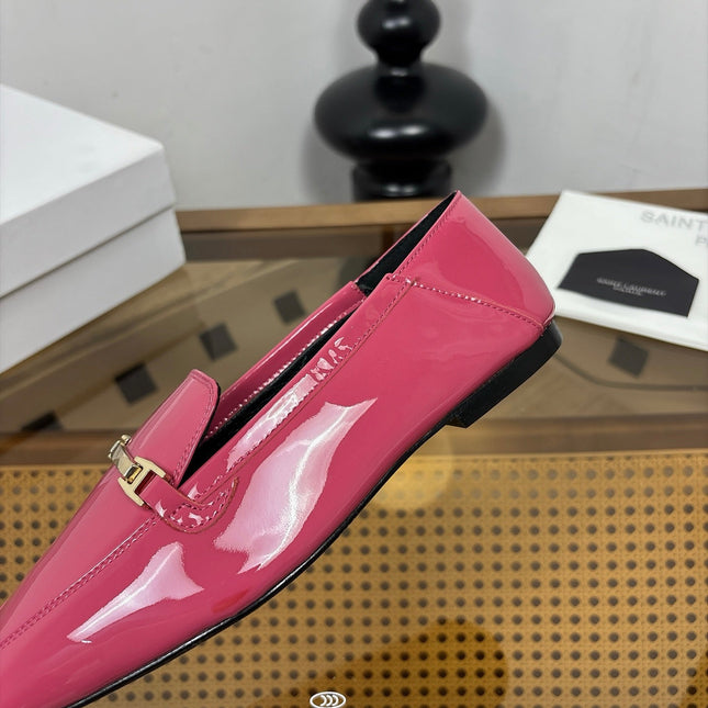 YSL 26S SQUARE-TOE LOAFERS IN PINK GLOSSY CALFSKIN WITH METAL BAR
