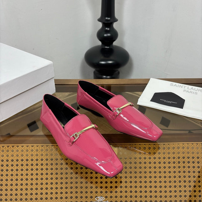YSL 26S SQUARE-TOE LOAFERS IN PINK GLOSSY CALFSKIN WITH METAL BAR