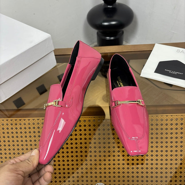 YSL 26S SQUARE-TOE LOAFERS IN PINK GLOSSY CALFSKIN WITH METAL BAR