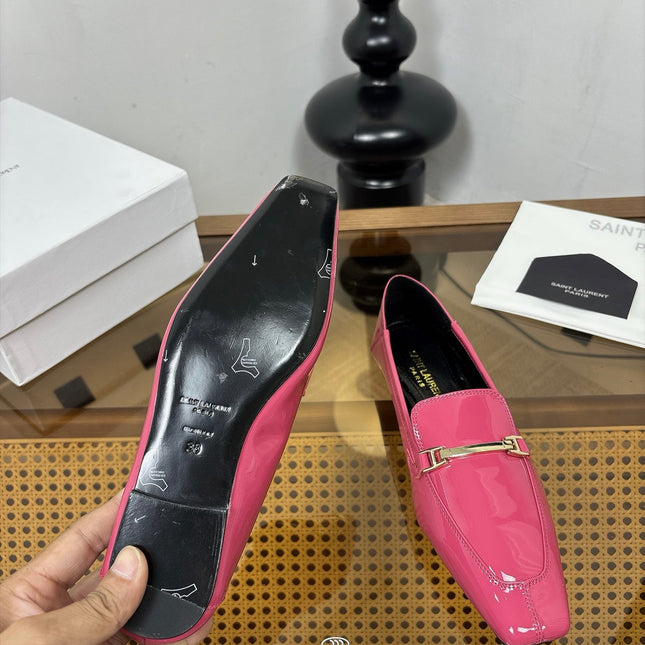 YSL 26S SQUARE-TOE LOAFERS IN PINK GLOSSY CALFSKIN WITH METAL BAR