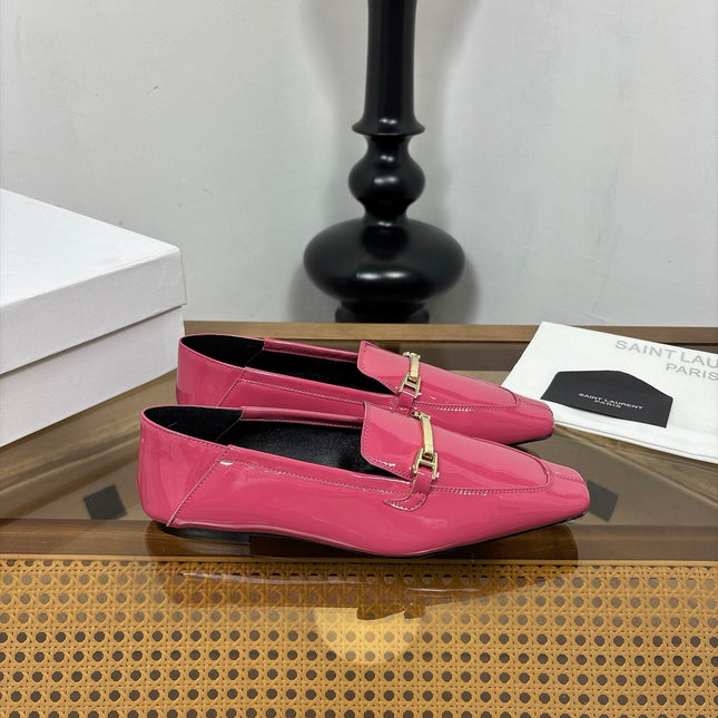 YSL 26S SQUARE-TOE LOAFERS IN PINK GLOSSY CALFSKIN WITH METAL BAR