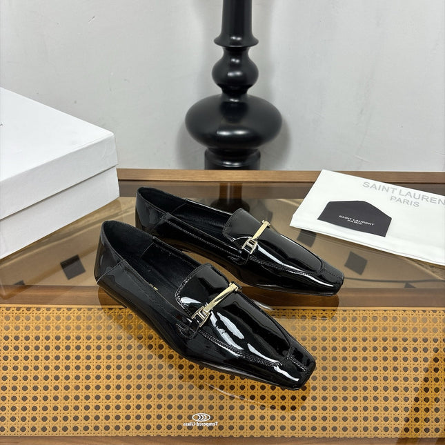 YSL 26S SQUARE-TOE LOAFERS IN BLACK GLOSSY CALFSKIN WITH METAL BAR
