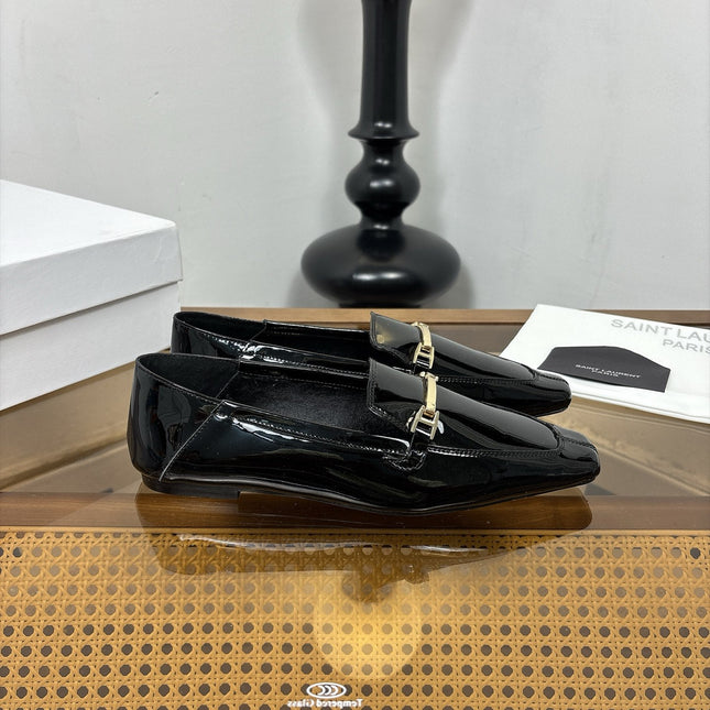 YSL 26S SQUARE-TOE LOAFERS IN BLACK GLOSSY CALFSKIN WITH METAL BAR