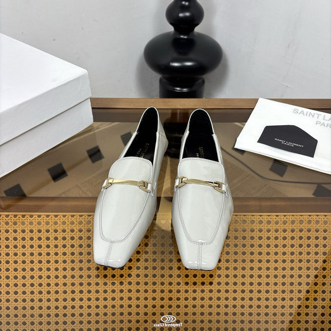 YSL 26S SQUARE-TOE LOAFERS IN LIGHT GREY GLOSSY CALFSKIN WITH METAL BAR