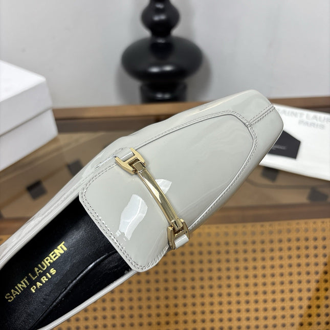 YSL 26S SQUARE-TOE LOAFERS IN LIGHT GREY GLOSSY CALFSKIN WITH METAL BAR
