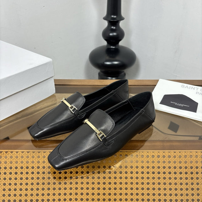 YSL 26S SQUARE-TOE LOAFERS IN BLACK CALFSKIN WITH METAL BAR