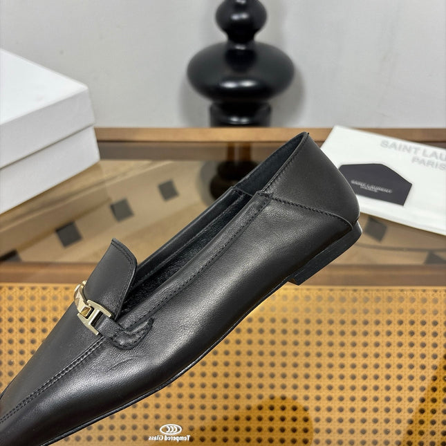 YSL 26S SQUARE-TOE LOAFERS IN BLACK CALFSKIN WITH METAL BAR
