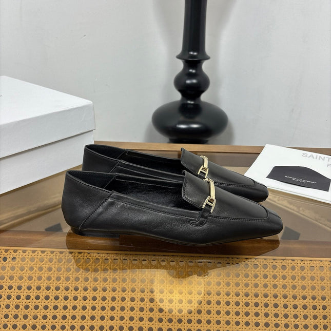 YSL 26S SQUARE-TOE LOAFERS IN BLACK CALFSKIN WITH METAL BAR