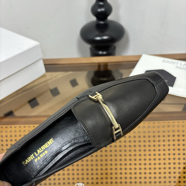 YSL 26S SQUARE-TOE LOAFERS IN BLACK CALFSKIN WITH METAL BAR