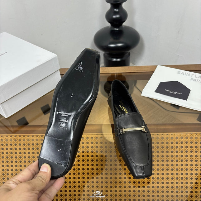 YSL 26S SQUARE-TOE LOAFERS IN BLACK CALFSKIN WITH METAL BAR