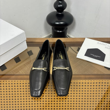 YSL 26S SQUARE-TOE LOAFERS IN BLACK CALFSKIN WITH METAL BAR
