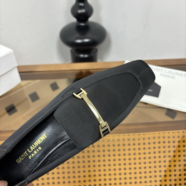 YSL 26S SQUARE-TOE LOAFERS IN BLACK SATIN WITH METAL BAR
