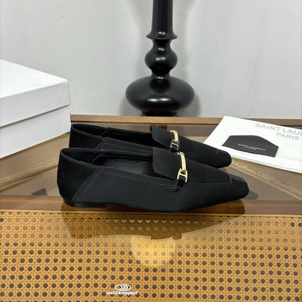 YSL 26S SQUARE-TOE LOAFERS IN BLACK SATIN WITH METAL BAR