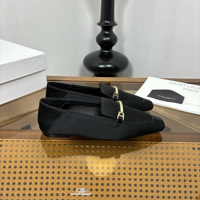 YSL 26S SQUARE-TOE LOAFERS IN BLACK SATIN WITH METAL BAR