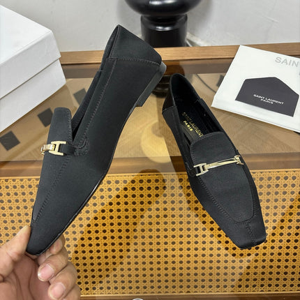 YSL 26S SQUARE-TOE LOAFERS IN BLACK SATIN WITH METAL BAR
