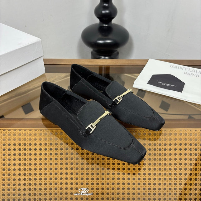 YSL 26S SQUARE-TOE LOAFERS IN BLACK SATIN WITH METAL BAR