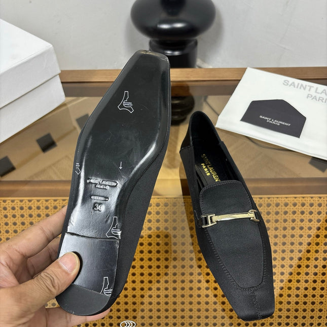 YSL 26S SQUARE-TOE LOAFERS IN BLACK SATIN WITH METAL BAR