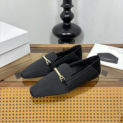 YSL 26S SQUARE-TOE LOAFERS IN BLACK SATIN WITH METAL BAR