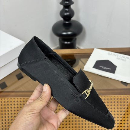 YSL 26S SQUARE-TOE LOAFERS IN BLACK SATIN WITH METAL BAR