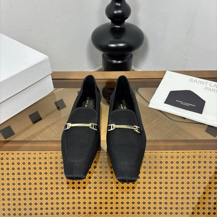 YSL 26S SQUARE-TOE LOAFERS IN BLACK SATIN WITH METAL BAR
