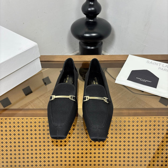 YSL 26S SQUARE-TOE LOAFERS IN BLACK SATIN WITH METAL BAR