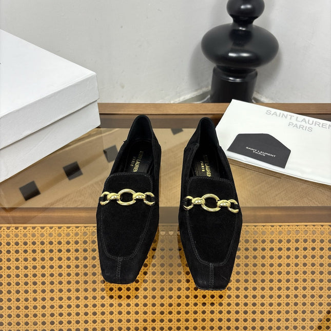 YSL 26S SQUARE-TOE LOAFERS IN BLACK SUEDE WITH GOLD HARDWARE