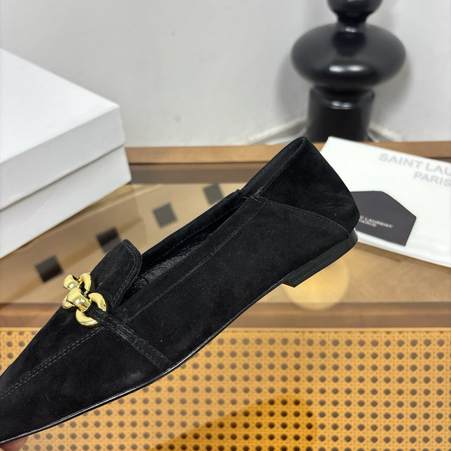 YSL 26S SQUARE-TOE LOAFERS IN BLACK SUEDE WITH GOLD HARDWARE