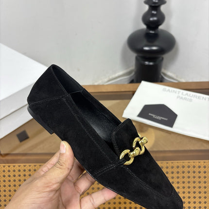 YSL 26S SQUARE-TOE LOAFERS IN BLACK SUEDE WITH GOLD HARDWARE