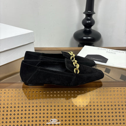 YSL 26S SQUARE-TOE LOAFERS IN BLACK SUEDE WITH GOLD HARDWARE