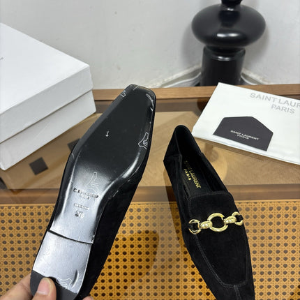 YSL 26S SQUARE-TOE LOAFERS IN BLACK SUEDE WITH GOLD HARDWARE