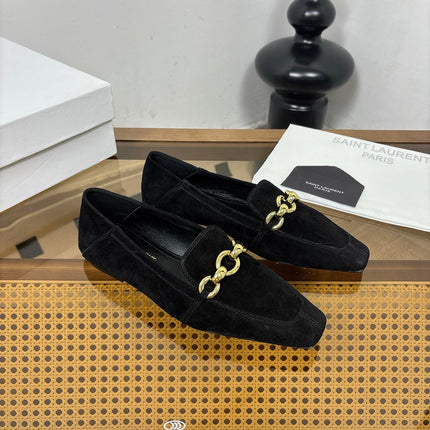 YSL 26S SQUARE-TOE LOAFERS IN BLACK SUEDE WITH GOLD HARDWARE