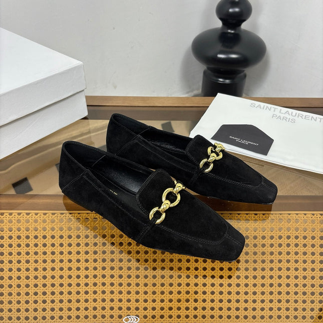 YSL 26S SQUARE-TOE LOAFERS IN BLACK SUEDE WITH GOLD HARDWARE