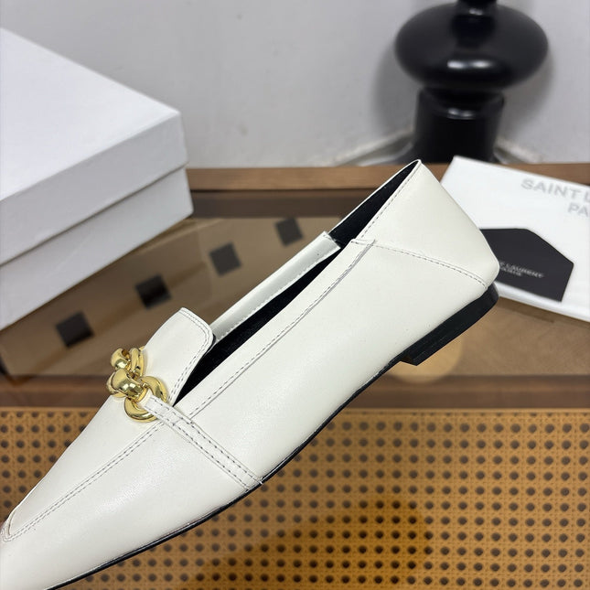 YSL 26S SQUARE-TOE LOAFERS IN WHITE CALFSKIN WITH GOLD HARDWARE