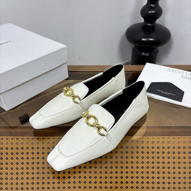 YSL 26S SQUARE-TOE LOAFERS IN WHITE CALFSKIN WITH GOLD HARDWARE