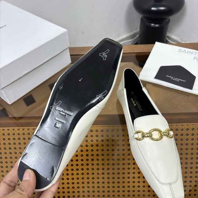 YSL 26S SQUARE-TOE LOAFERS IN WHITE CALFSKIN WITH GOLD HARDWARE