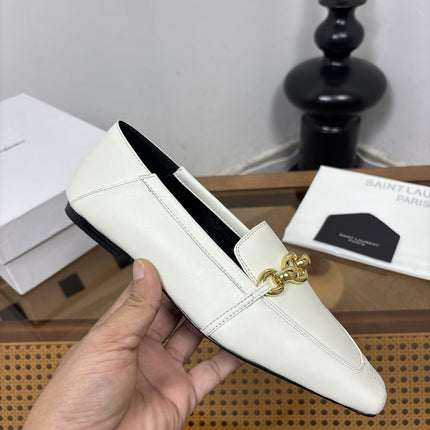 YSL 26S SQUARE-TOE LOAFERS IN WHITE CALFSKIN WITH GOLD HARDWARE